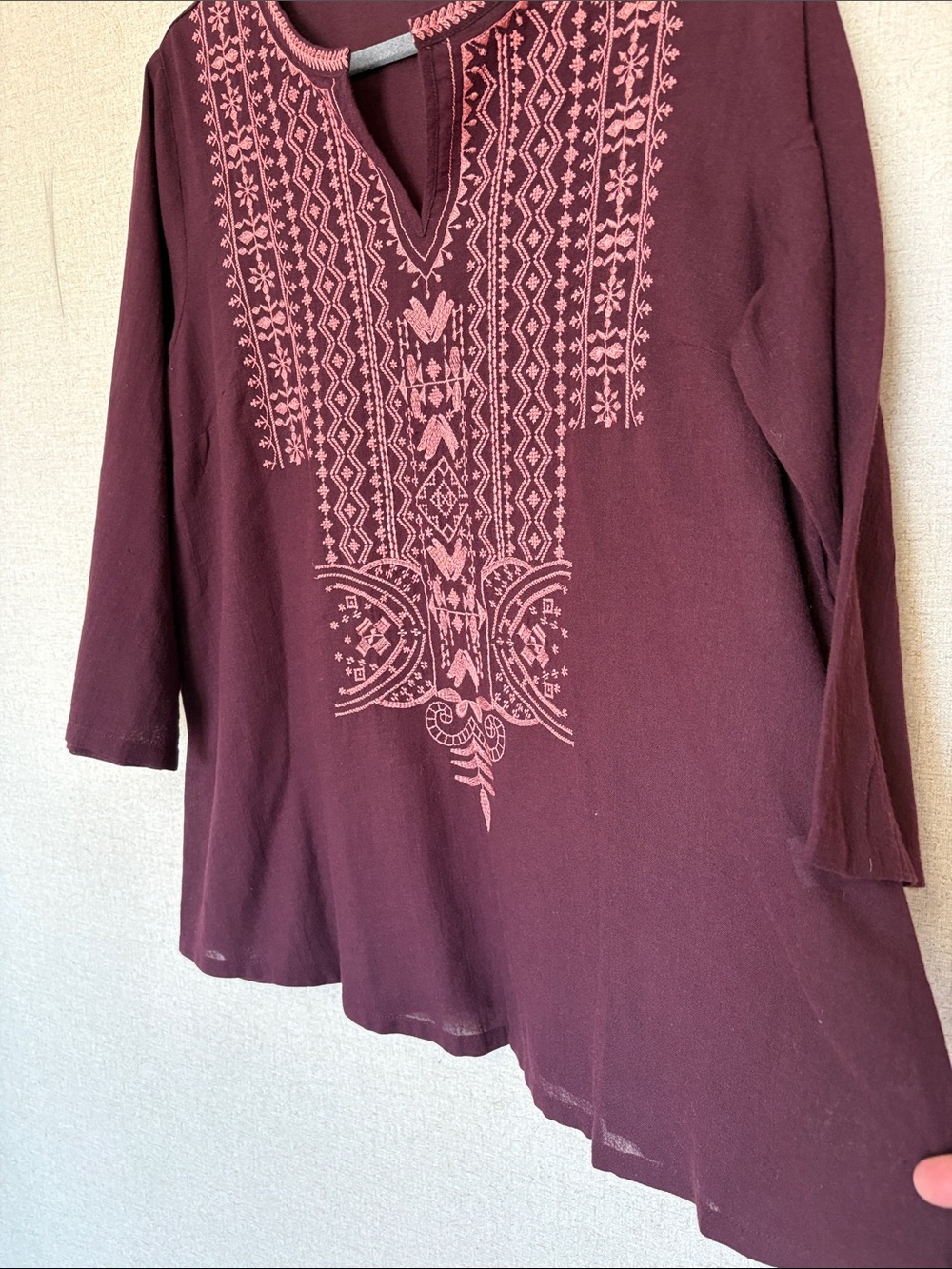 Pure Jill Embroidered Pullover Tunic 3/4 Sleeve Plum Sz L Cotton Boho Peasant - Picture 10 of 12